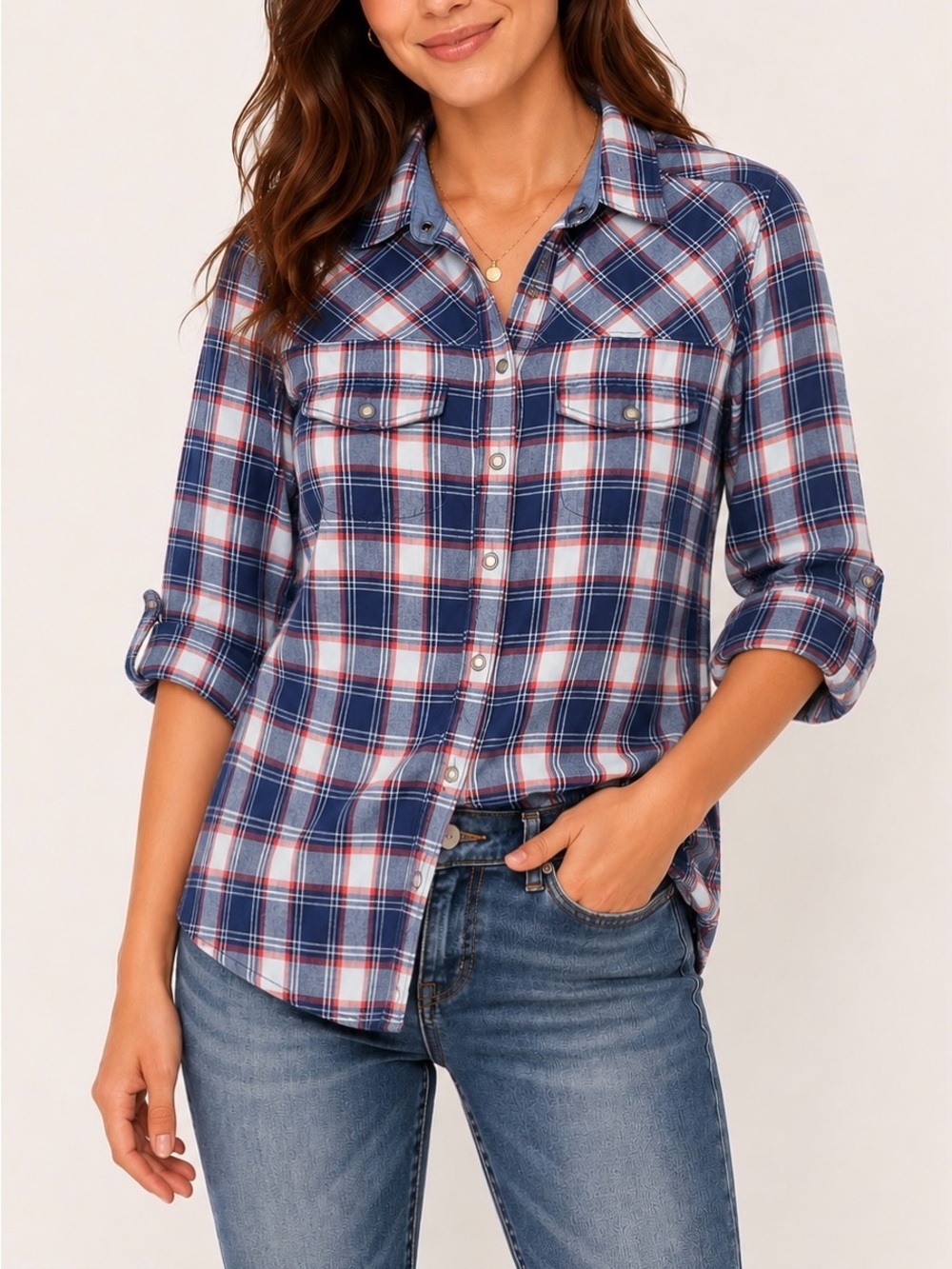 Jacks Girlfriend Western Plaid Shirt Pearl Snap Button Down